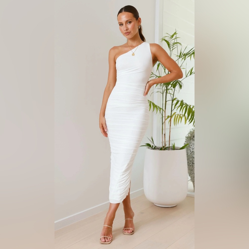 One-Shoulder White Ruched Midi Dress